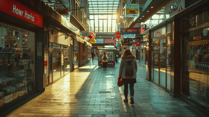 Obraz premium Woman walking in a sunlit shopping arcade with stores on both sides.