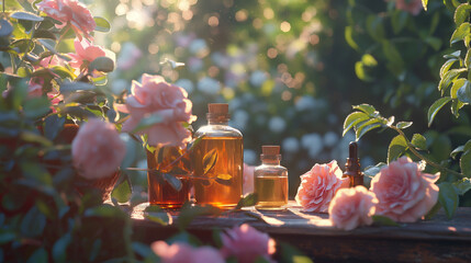 Bottles of aromatherapy essential oil with pink rose flowers outdoors in a garden - 793383136