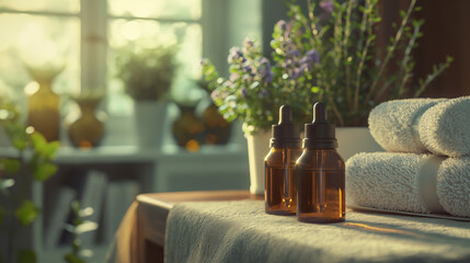 Brown bottles of aromatherapy essential oil near a window in a cozy home with flowers and towels