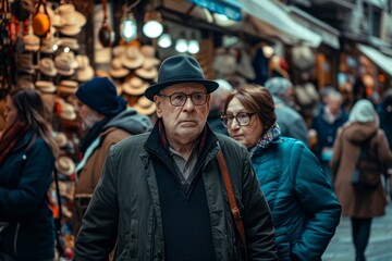 Old man in a hat and glasses on the streets of Moscow.