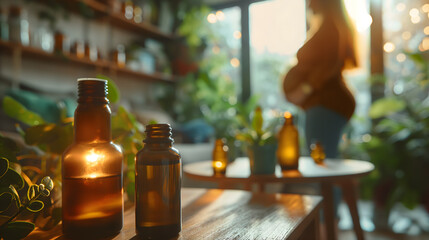 Bottles of aromatherapy essential oil a pregnant woman in the background in a cozy bright apartment - 793383165