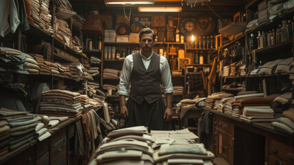A tailor stands amidst piles of fabric in a vintage-inspired workshop with a warm, cinematic ambiance.