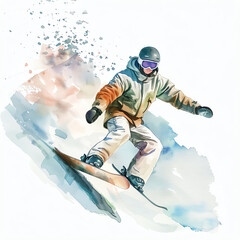 Fototapeta na wymiar Minimalistic watercolor illustration of snowboarding on a white background, cute and comical.