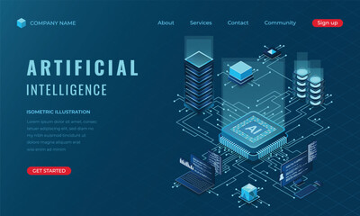 Isometric artificial Intelligence landing page concept. Machine learning technology. Digital technology website landing page. Vector illustration