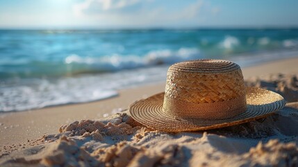 Fototapeta na wymiar Straw hat on sandy beach at sunset