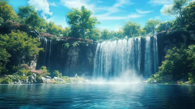 rainforest misty waterfall and river landscape nature wallpaper. seamless looping time-lapse 4K video background