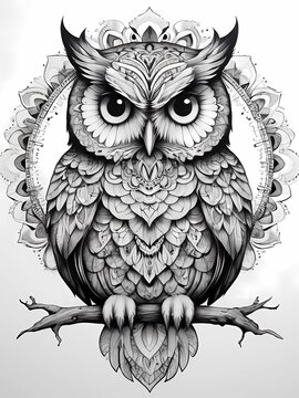 Illustration of an owl, white background, mandala, Cartoon art style