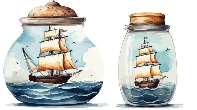 Watercolor Sailboat Clip Art Ship Jar 2d flat carto
