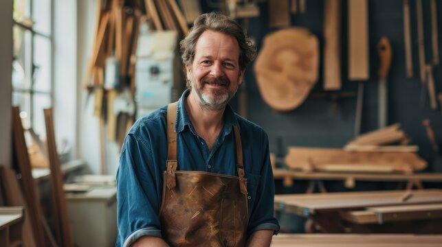 portait old carpenter smilling in the workshop