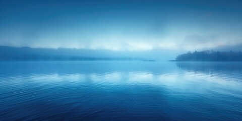 a panorama of peaceful calm blue lake with mountains in background at dawn