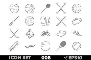 Linear icons of various sports equipment items in vector style. Includes icons of soccer ball, basketball, tennis racket, golf club, and more in black and white.
