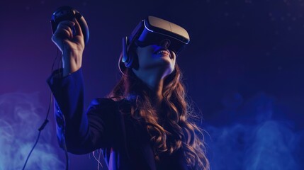 Obraz premium Business woman wearing VR headset device, woman enjoying metaverse, future technology concept
