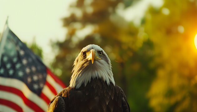 &Aacute;guila calva en primer plano, serena, hermosa, con bandera americana de fondo. Estados Unidos, 4 de julio, d&iacute;a de la independencia. Generado con tecnolog&iacute;a IA