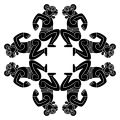 Geometrical ethnic ornament with seated anthropomorphic jaguar men. Native American animal design of Totonac Indians from Veracruz, Mexico. Indigenous mythology. Black and white silhouette.