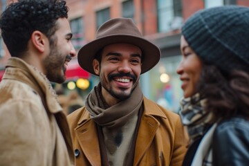 Fototapeta na wymiar Smiling young man in hat and scarf looking at camera while walking with friends in city