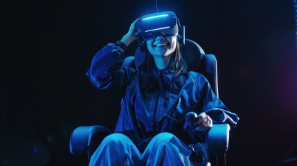 Naklejka premium A woman is sitting in a virtual reality chair, Woman wearing a virtual reality headset