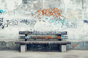 Front view of public bench in abandoned area with graffiti