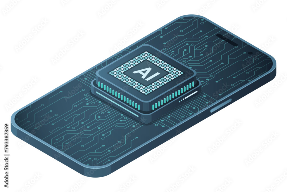 Poster isometric smartphone with ai. artificial intelligence and smartphone concept. smartphone with futuri