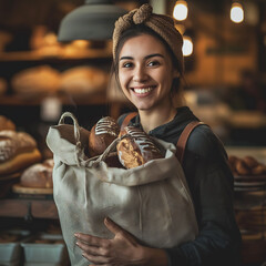 Portrait of a smiling 25 year old female baker, delivering order in a large bag to a customer in...