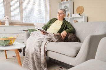 Senior woman in eyeglasses with cute cat reading book on sofa at home