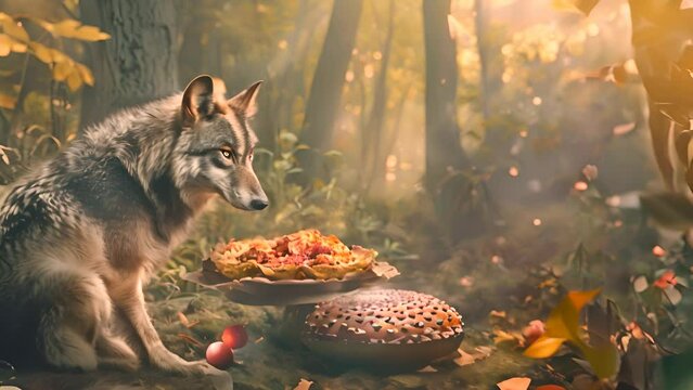 Wolf Gazing at Pie in Enchanted Autumn Forest with Ai generated.
