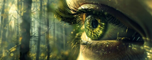 Vision of nature - close-up of a green eye with forest reflection - obrazy, fototapety, plakaty