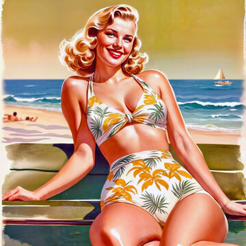 A vintage illustration of a blonde woman in a retro 1950s yellow and white bikini sits on a bench near the beach