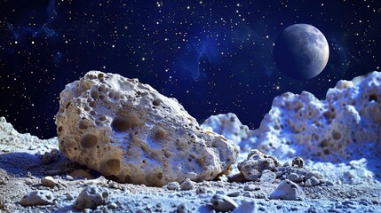 rocky and rough asteroid with a planet in the background. imaginary deep space scene