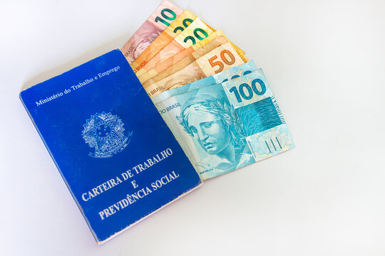 Brazilian work card. Registered work CLT and money from Brazil. Minimum wage Brazilian real money.