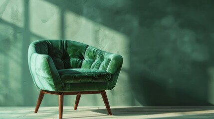 Vintage meets modern in a beautifully crafted green velvet armchair, presented on an isolated background - obrazy, fototapety, plakaty