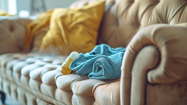 Vintage sofa undergoing meticulous cleaning by a professional, capturing the essence of care and maintenance