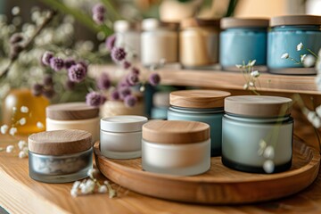 Fototapeta na wymiar Natural organic eco cosmetics in open jars , beauty and SPA theme. Cosmetic containers with cream or lotion, natural ingredients, face care concept. Copy space.