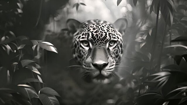 Intense Jaguar Stare in Monochrome Jungle with Ai generated.

