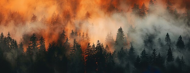 Burning pine forest under the night. Deforestation concerning climate change