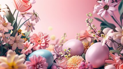 Fototapeta na wymiar Trendy Realistic Easter greeting card, banner with flowers, Easter eggs and and flowers with copy space. Spring floral Modern 3d Easter graphic concept