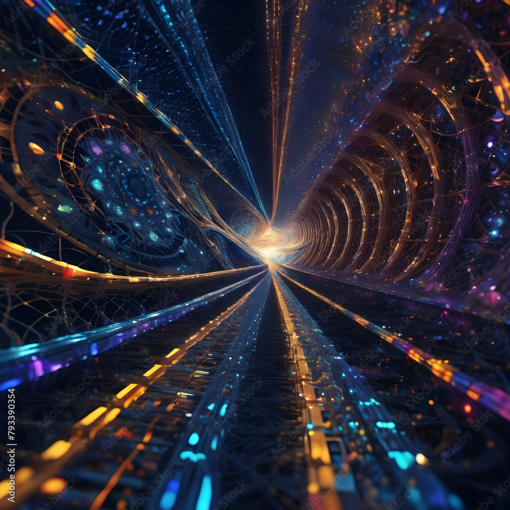 Poster infinite quantum leap: a hyperspace journey through a technicolor wormhole tunnel.