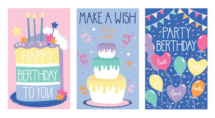 Set of Happy Birthday cards. Colorful greeting cards with birthday cake, candles, confetti and balloons. Designs for celebrating holiday. Cartoon flat vector illustrations isolated on white background