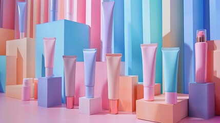 Uniformly spaced cosmetic tubes in varied pastel shades, each positioned vertically for a sleek, modern look.