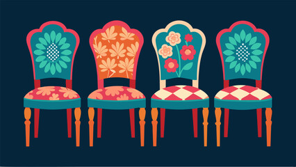 A set of mismatched dull dining chairs now unified with similar fabric upholstery and transformed with a vibrant handpainted floral design on the.