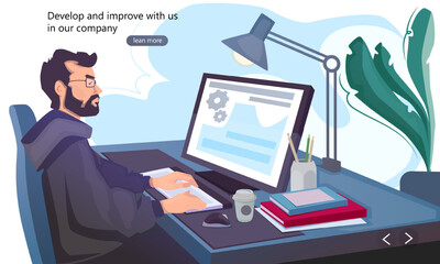 Man working in office. Landing page template with male marketer, programmer or designer performing tasks on computer. Business and creative services. Design for web. Cartoon flat vector illustration