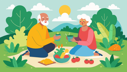 Obraz na płótnie Canvas An elderly couple sharing a hearty meal on a picnic blanket surrounded by their flourishing vegetable garden on the first planting day of the