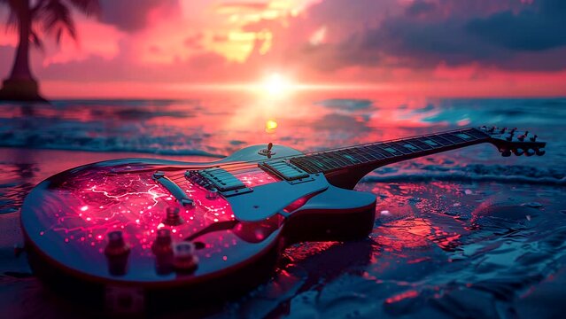 Guitar by the beach at sunset, World music day. Seamless looping 4k time-lapse video animation background
