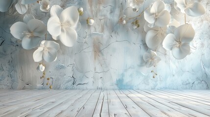 A serene room is adorned with delicate white flowers hanging gracefully from the ceiling, creating a sense of beauty and tranquility.