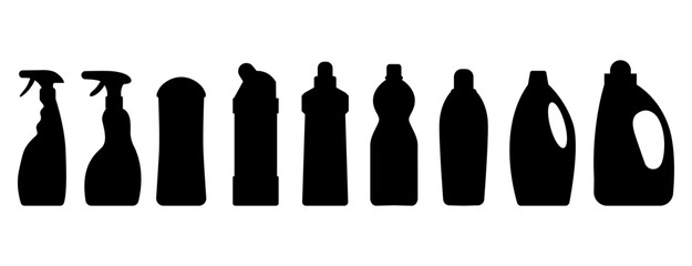 Vector set of detergent empty bottle silhouette icons. Cleaning products. Vector illustration.