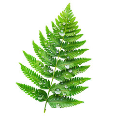 In the gentle morning light a multitude of clear dew drops both large and small adorn the lush green fern leaf set against a transparent background