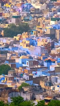 Houses of famous tourist landmark Jodhpur - the Blue City and birds, aerial view from Mehrangarh Fort, Rajasthan, India. Camera zoom out