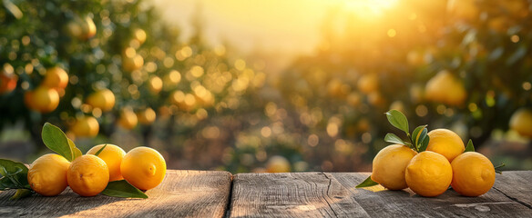 golden hour lemon citrus fruits on wooden table with trees field on morning sunshine background...