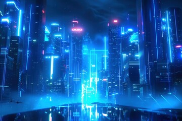 Fototapeta na wymiar blue neon light city background - generative ai