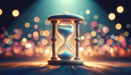 An hourglass centered against a softly blurred bokeh background