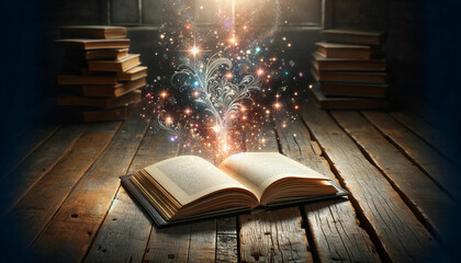 A modern, open book placed on an old wooden floor, with shimmering, magical sparkles floating upwards from its pages